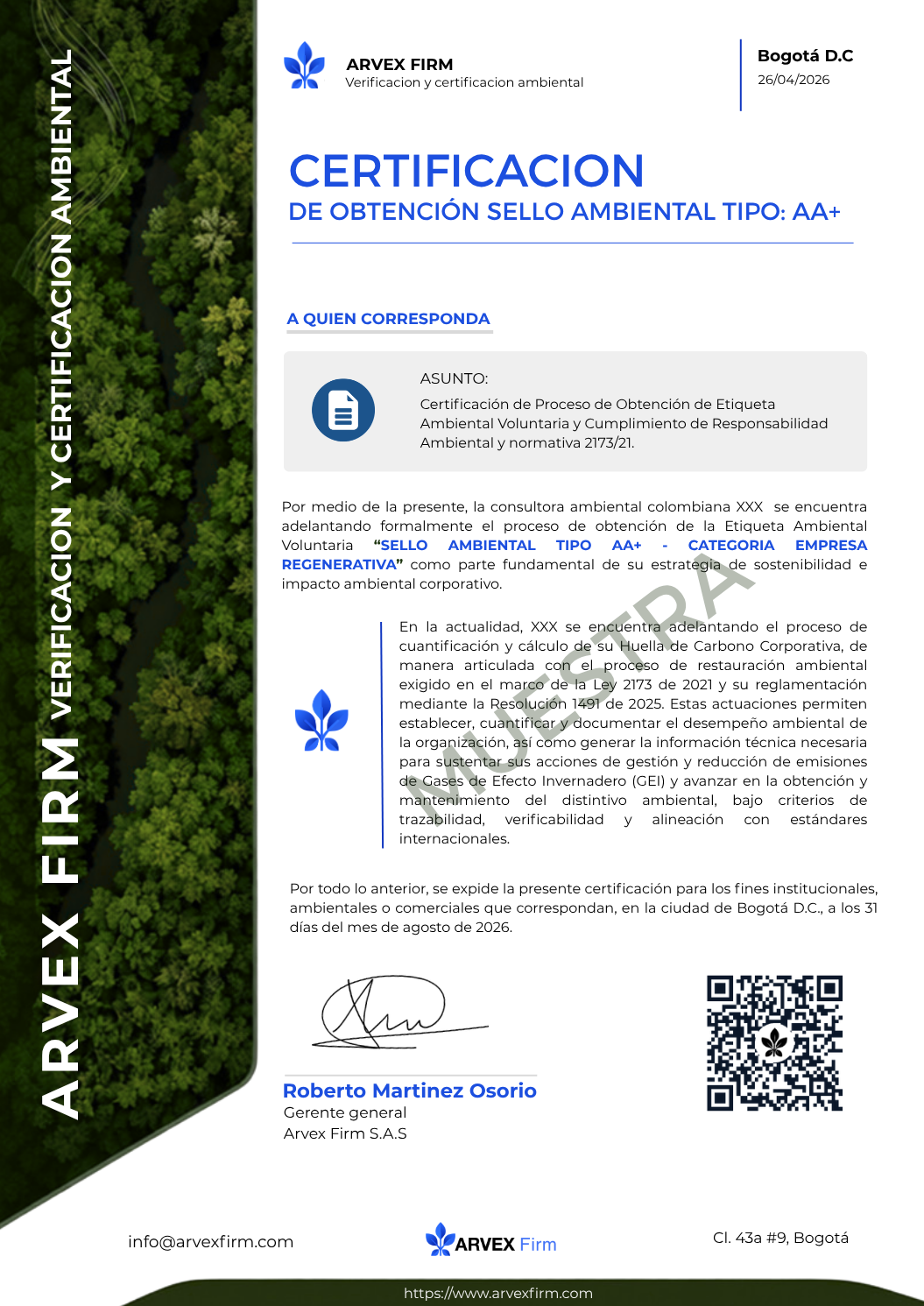 Certificado Sello Ambiental AA+ — ARVEX Firm